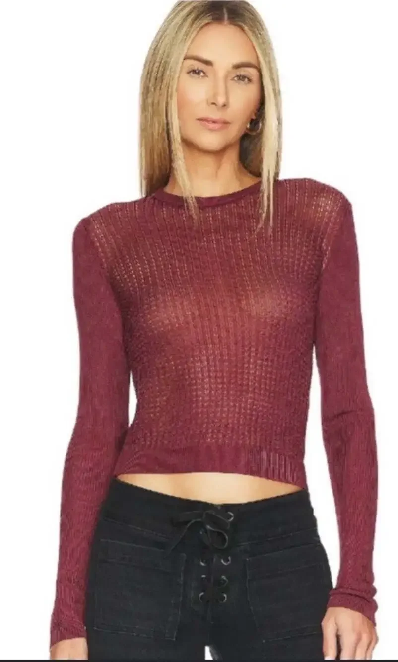 Free People H20 Crew Neck Sheer Mesh Knit Pullover Top